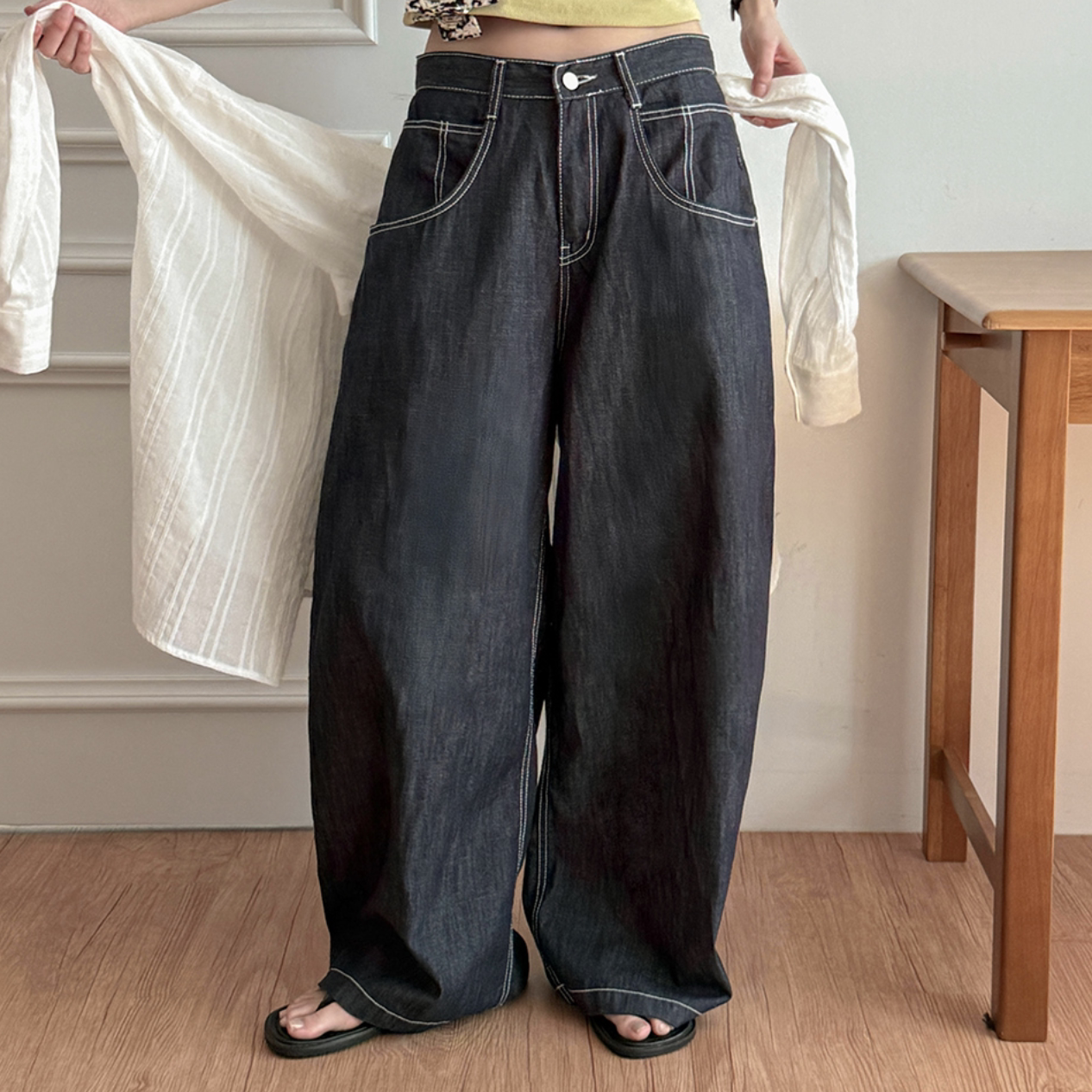 韩国特大码女装胖mm夏装新品拼色车缝线宽松大口袋阔腿牛仔裤410