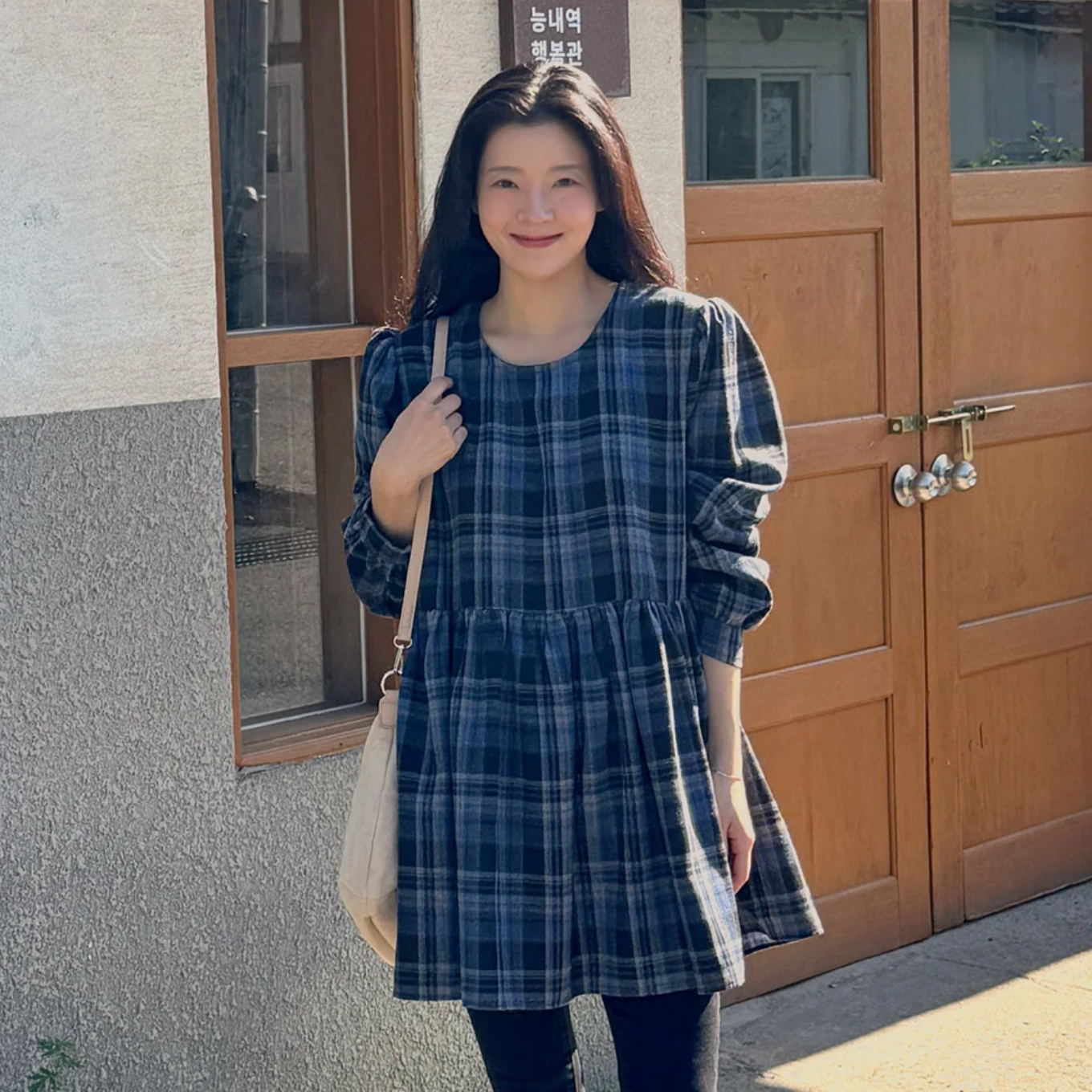 韩国代购大码女装胖mm秋装新品时尚格纹圆领长袖休闲套头衬衫1013