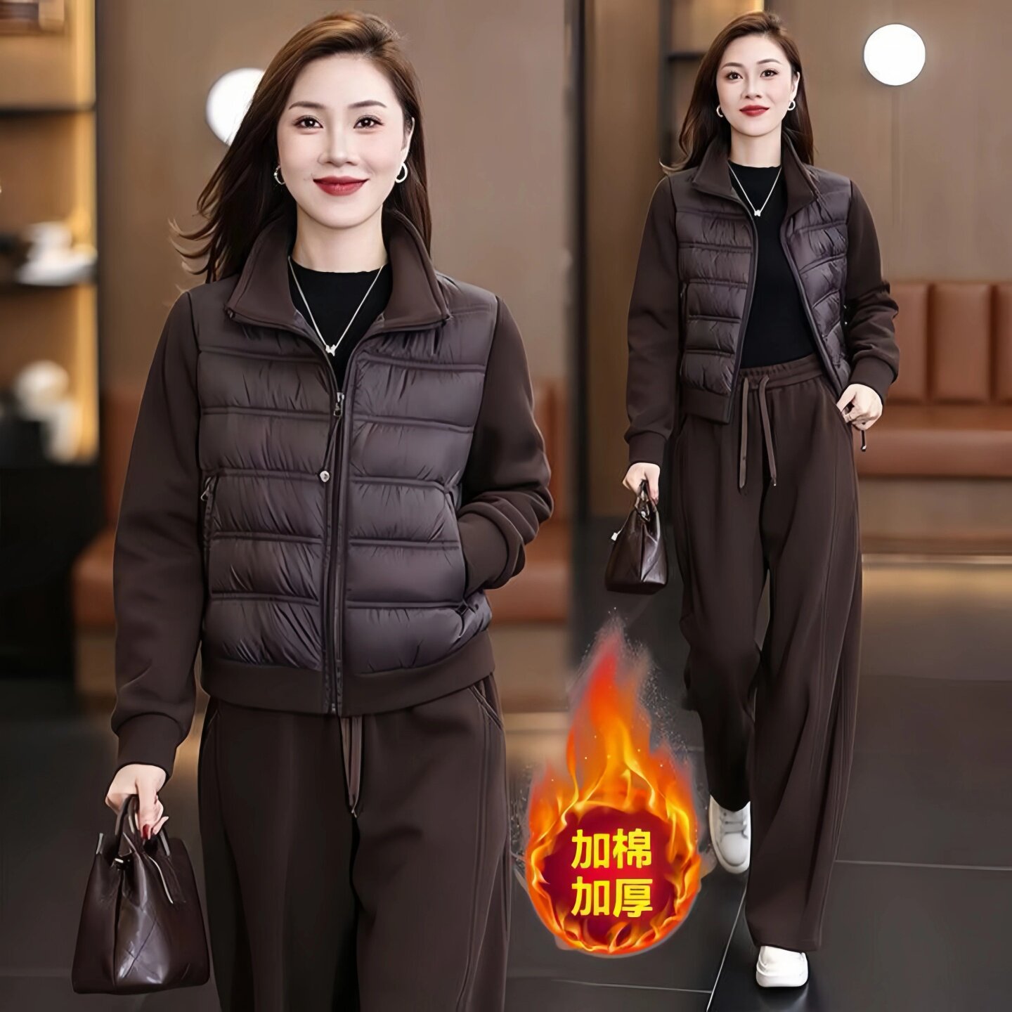 秋冬加绒加厚遮肉阔腿棉服套装