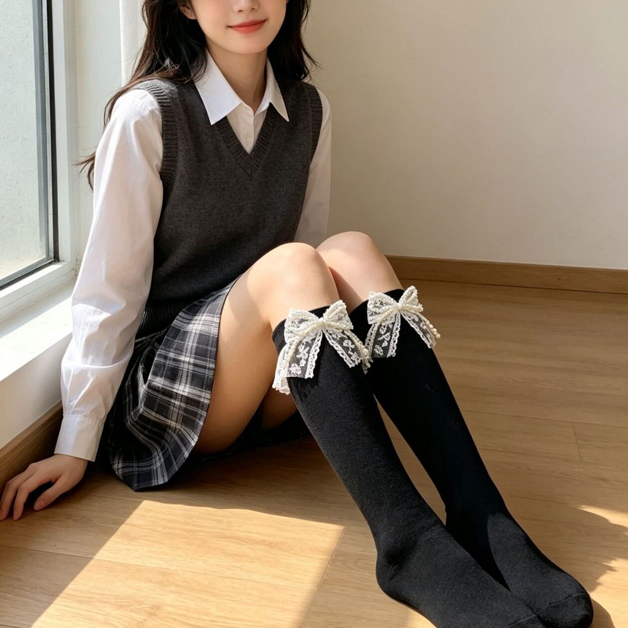 甜美学院风蕾丝蝴蝶结秋季长筒袜