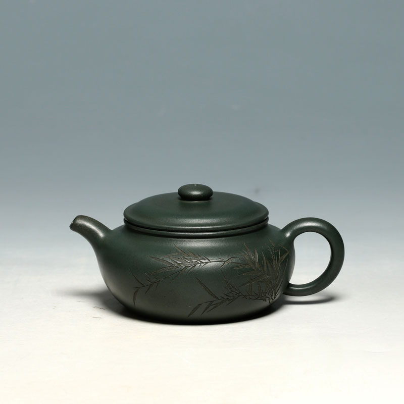 明理茶艺 宜兴紫砂壶 华健弟子周琦 纯全手工200cc墨绿泥 扁腹