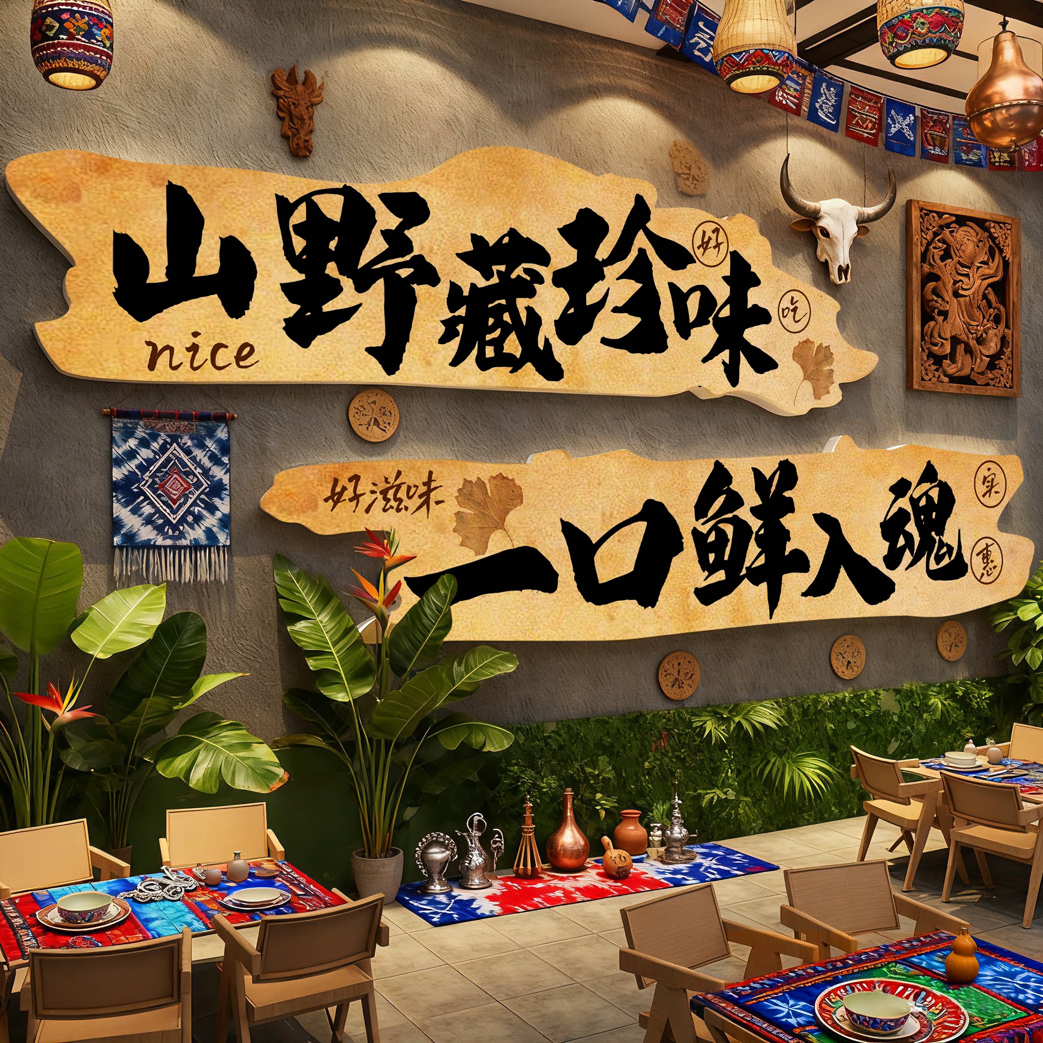 网红打卡云南特色民族山野风格米线饭店墙面装饰餐饮壁画烧烤创意