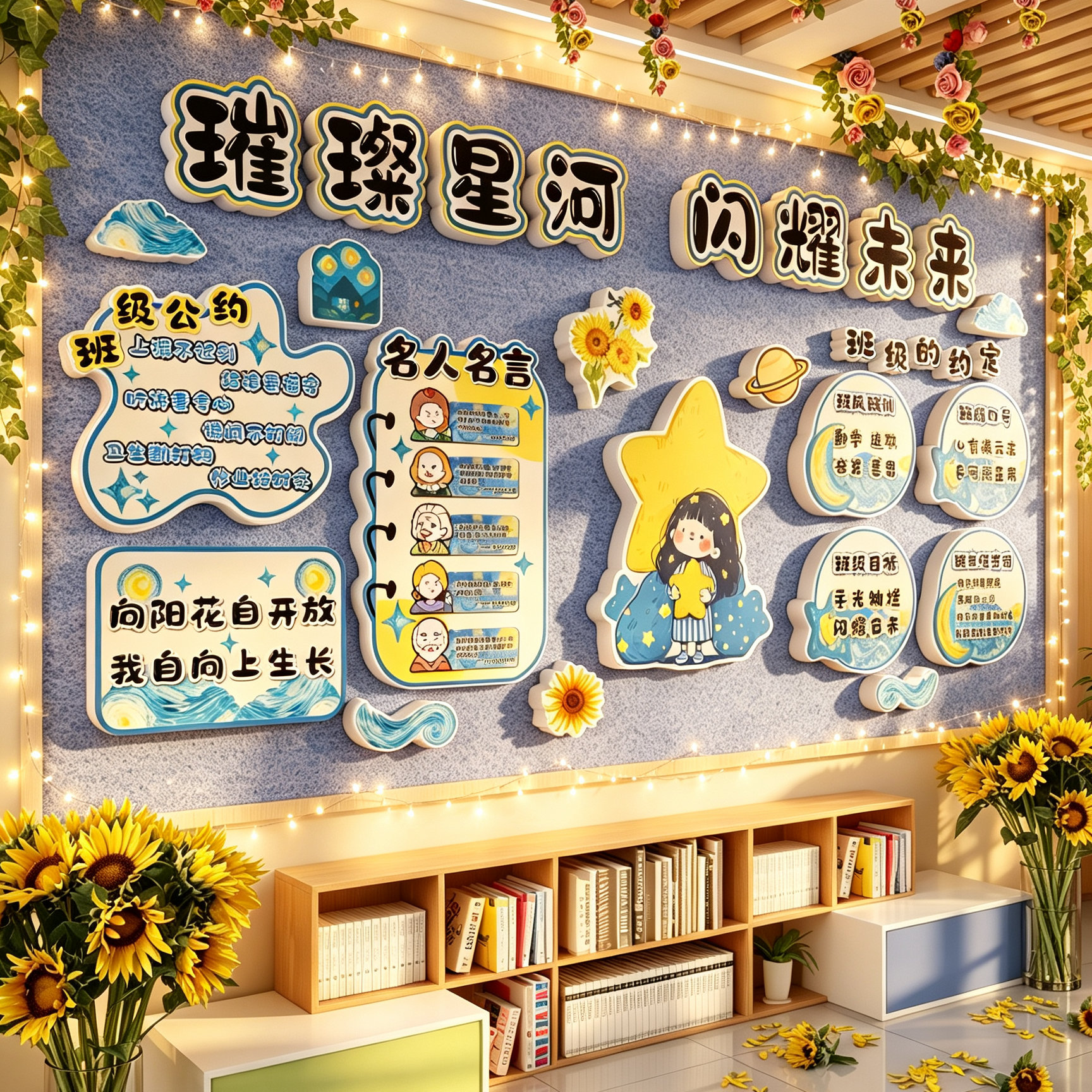 教室布置装饰班级群星闪耀主题环毛毡板小学后黑板报文化墙贴材料