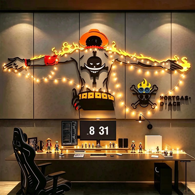 海贼王墙面装饰男生贴纸挂画电脑竞馆房间网吧红背景板布置亚克力