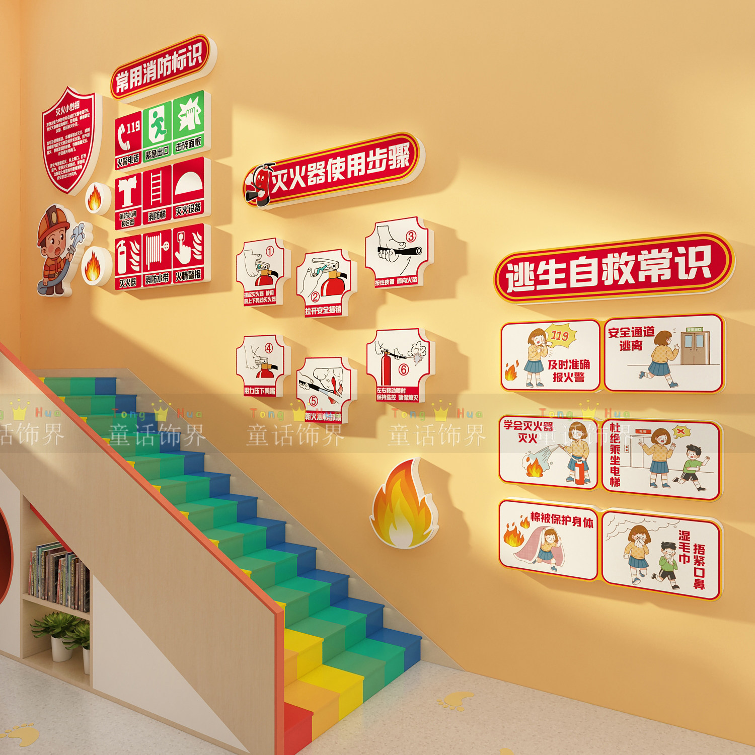 幼儿童园楼梯墙面装饰走廊环创成品消防局安全教育文化托管班主题