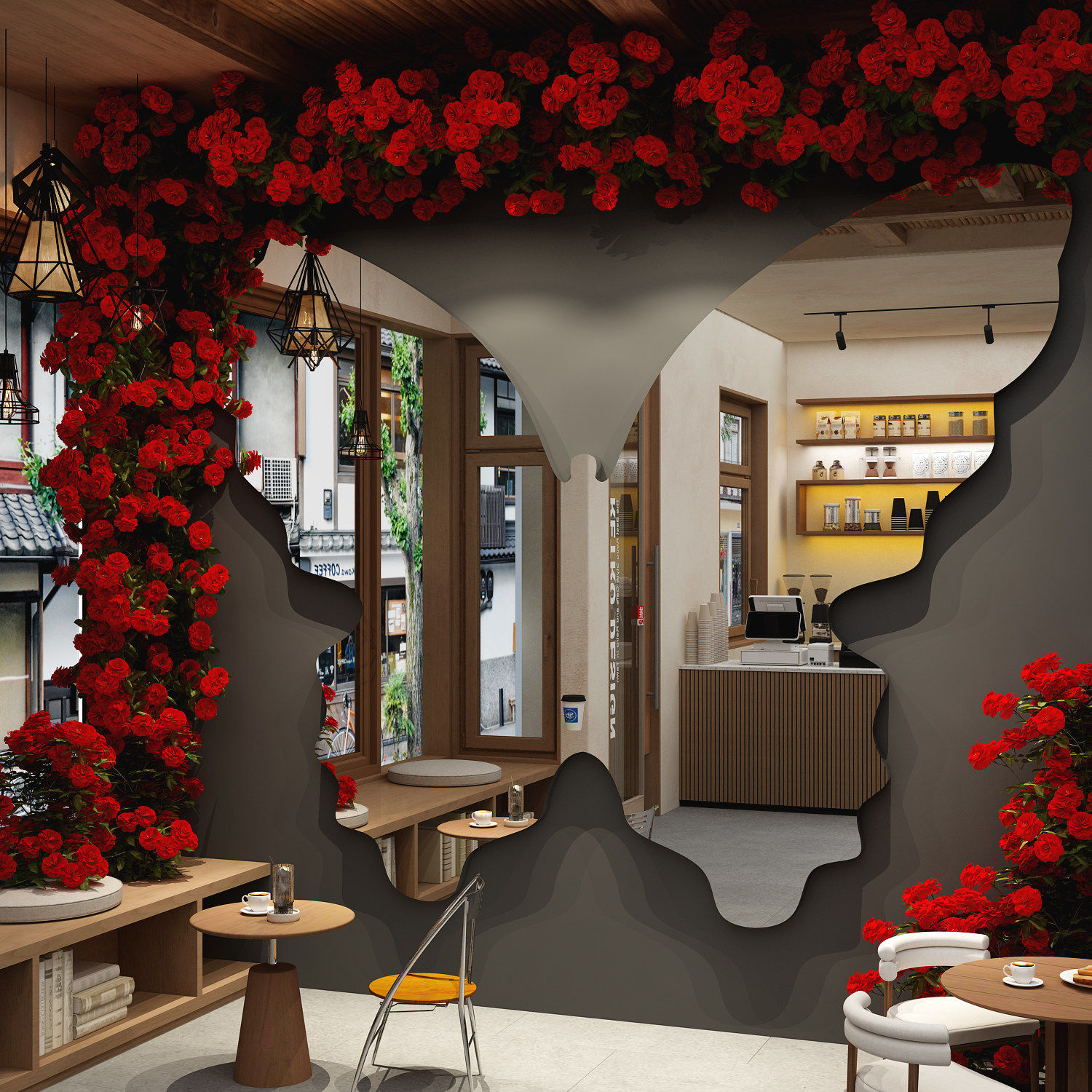 网红打卡拍照区玫瑰花蝴蝶镜子咖啡厅奶茶店墙面装饰氛围布置形状