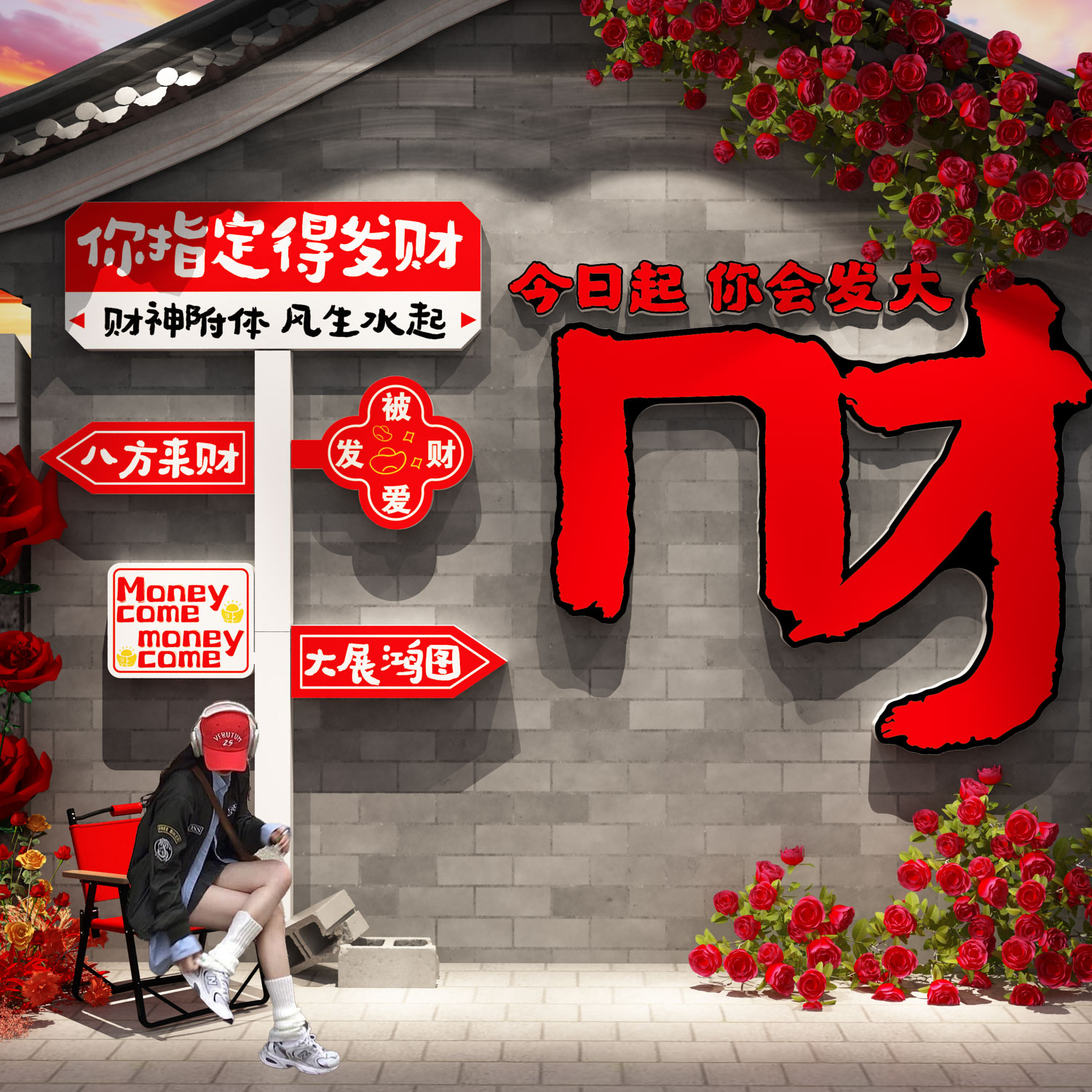 2026新马年春节网红打卡场造背景布置花墙面装饰发财贴纸画形象图片