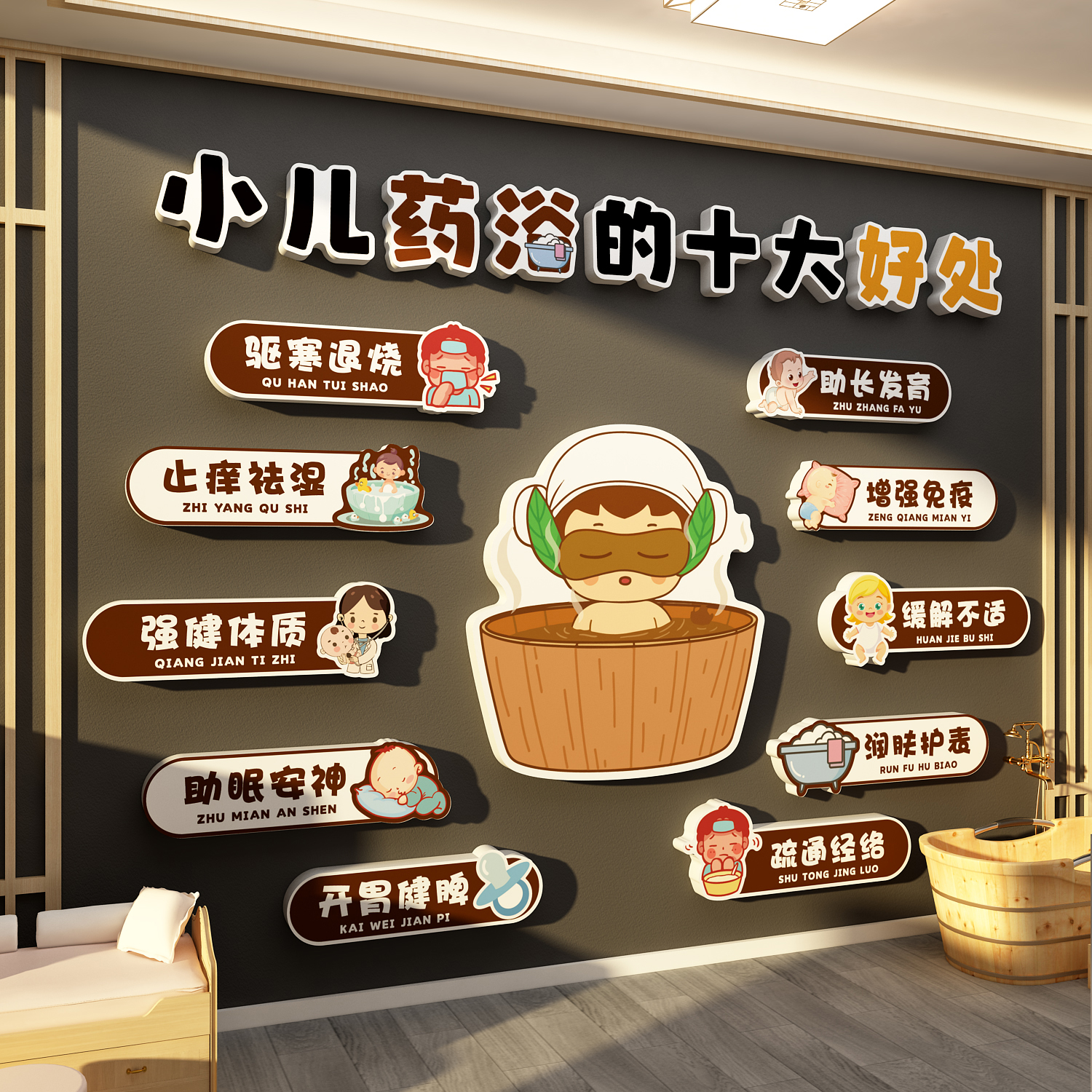 小儿药浴墙面母婴店宣传海报形象贴纸文化装饰品推拿画游泳馆广告