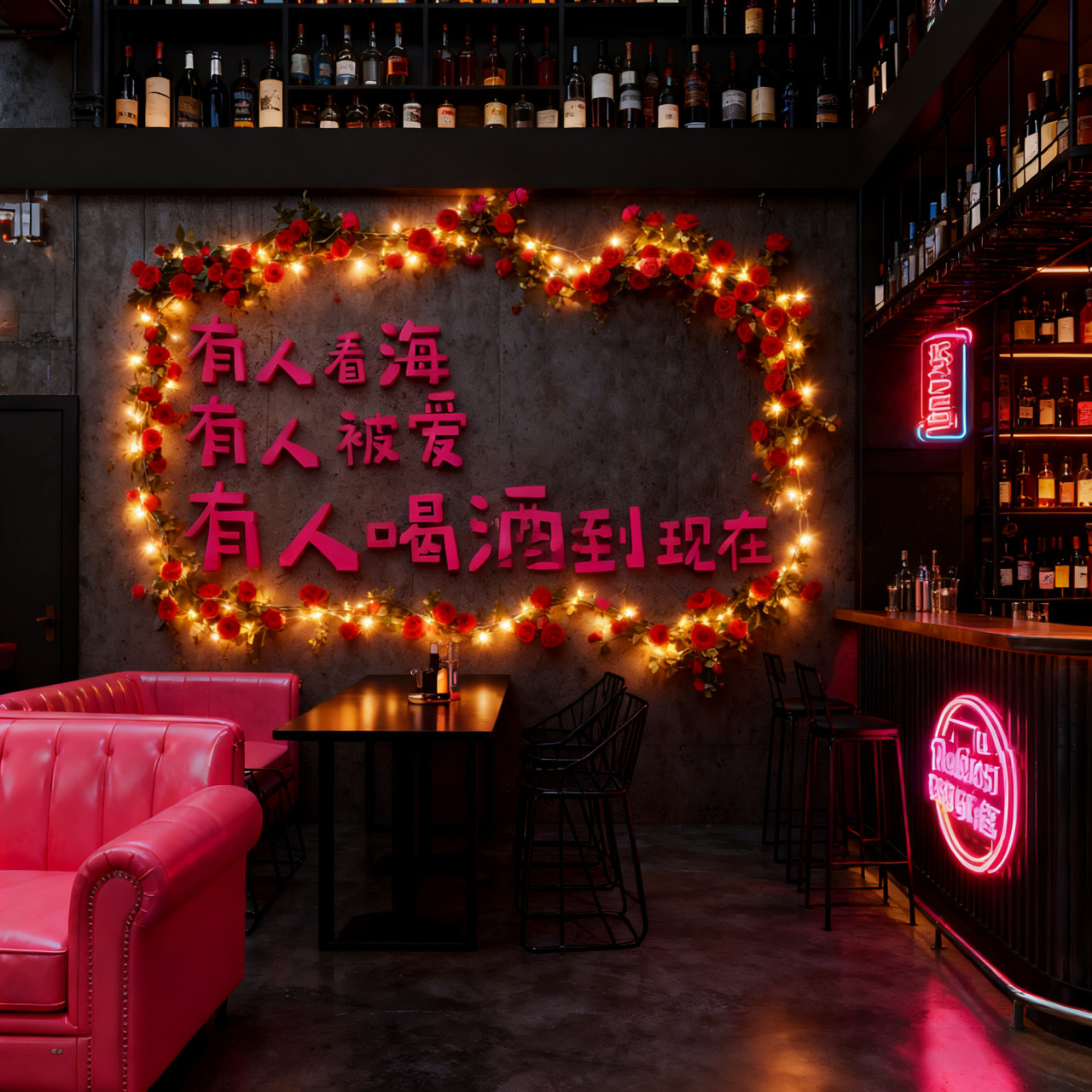 网红打卡民谣清吧小酒馆装饰造背景氛围布置玫瑰花工业烧烤店墙面