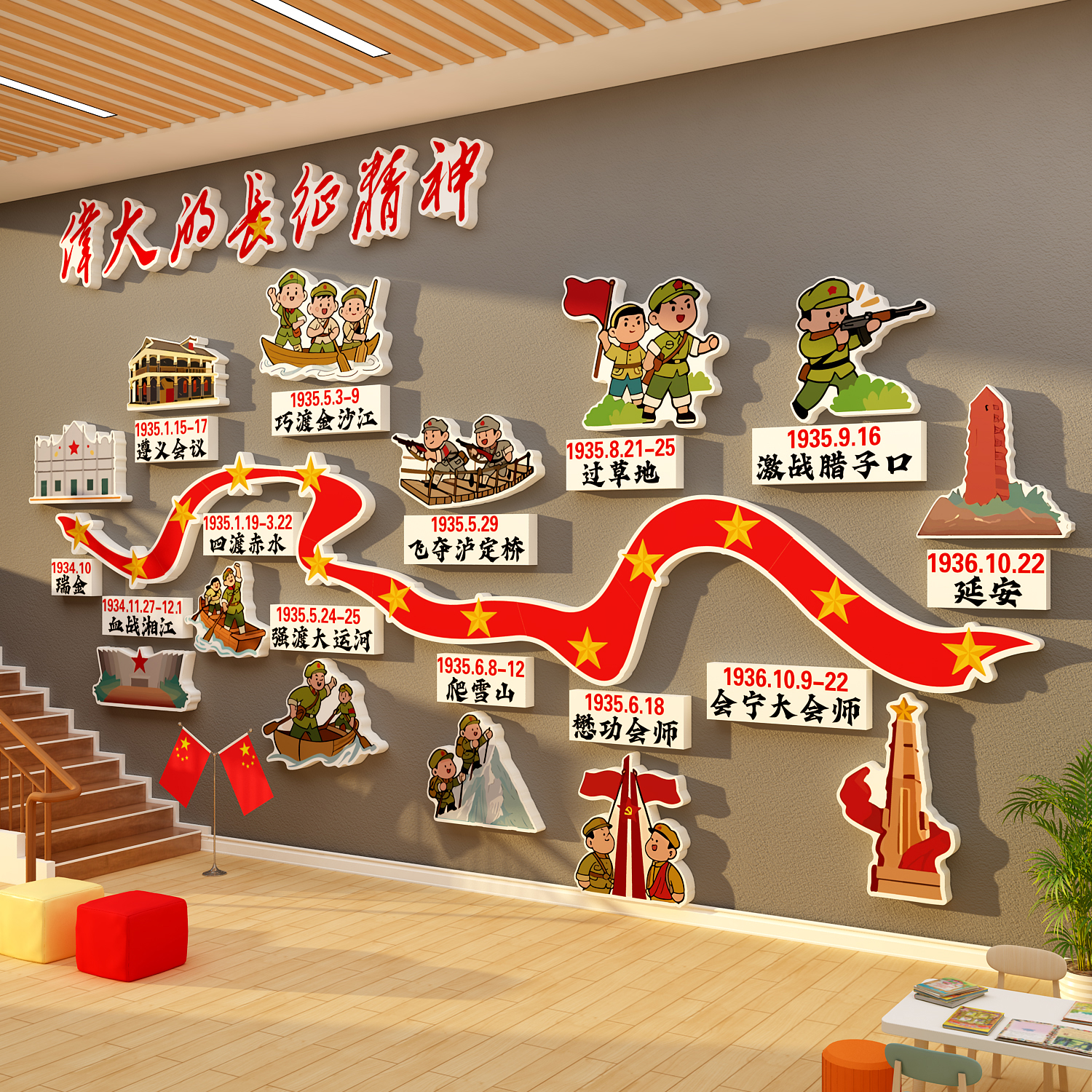 幼儿园红色教育文化爱国墙面装饰长征精神军旅事风环创主题成品画图片