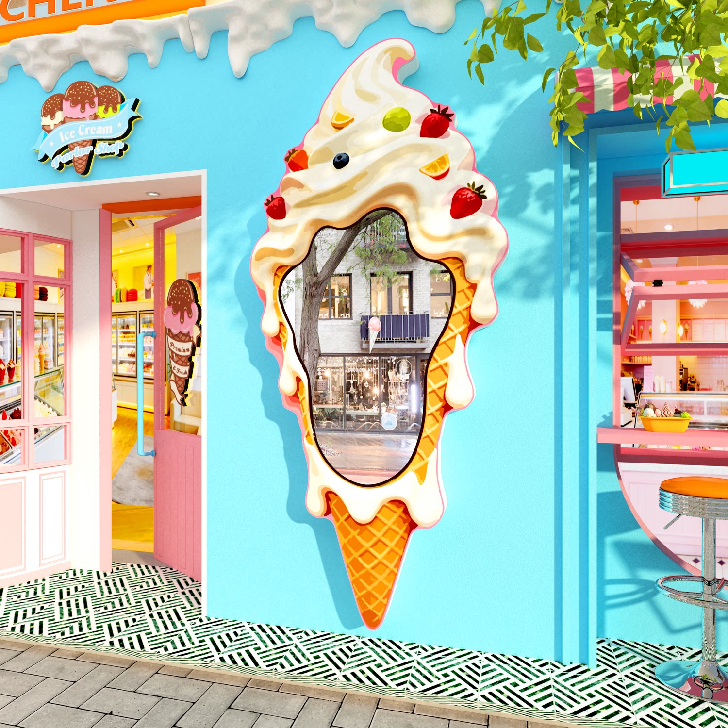 网红打卡拍照雪糕冰淇淋店墙面装饰氛围景墙贴纸挂画摆件创意镜子