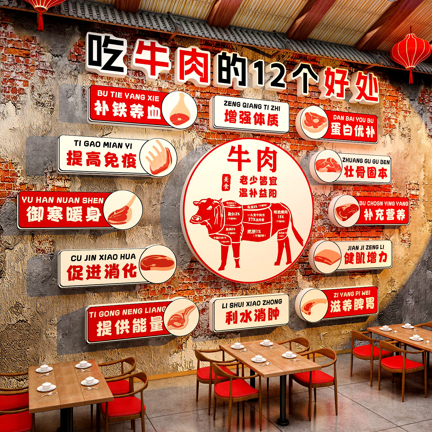 网红市井风格牛肉火锅店墙面装饰潮汕餐饮破贴烤肉布置海报汤粉馆
