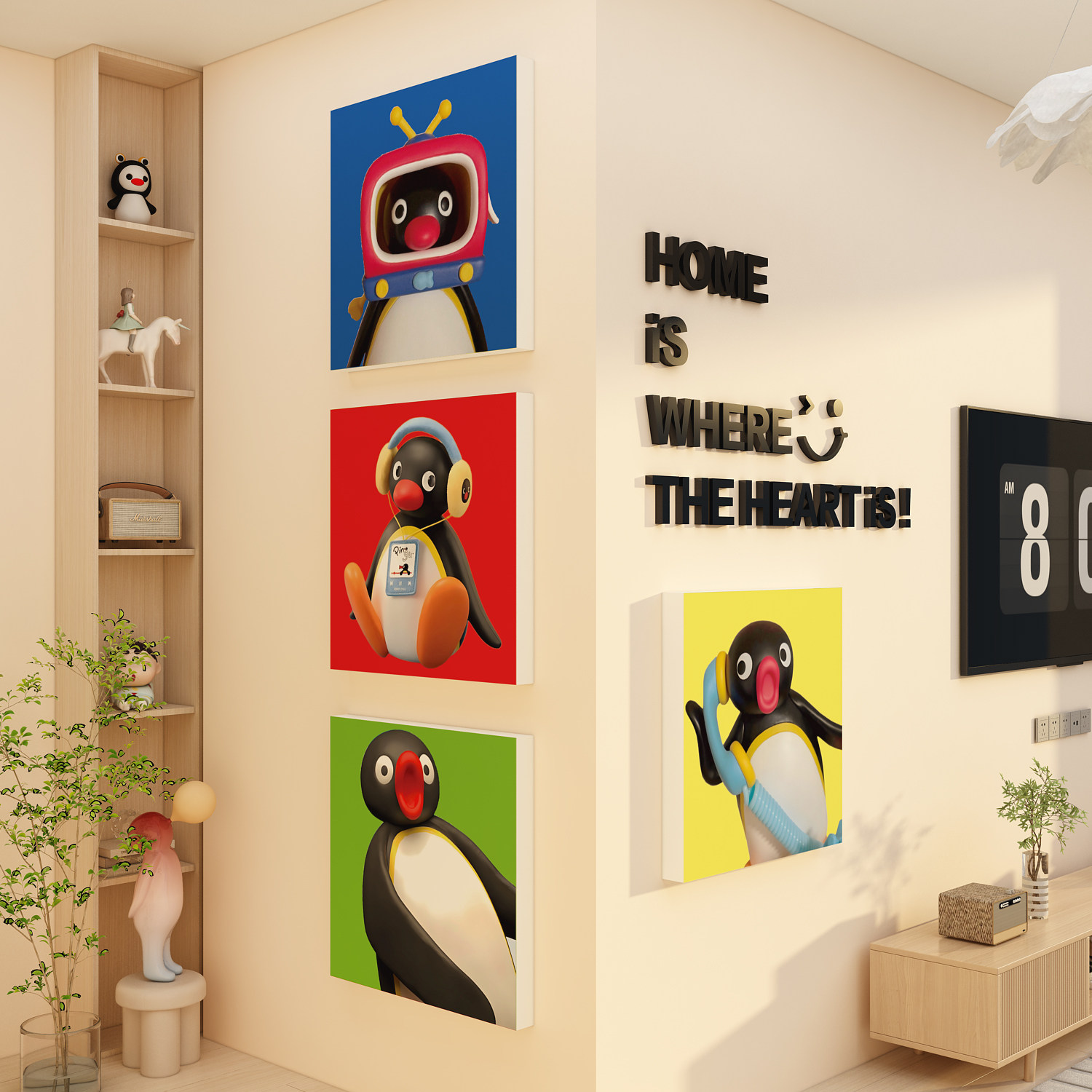 电视机背景墙面装饰挂件拐护转角亚克力3d立体遮丑pingu企鹅贴画