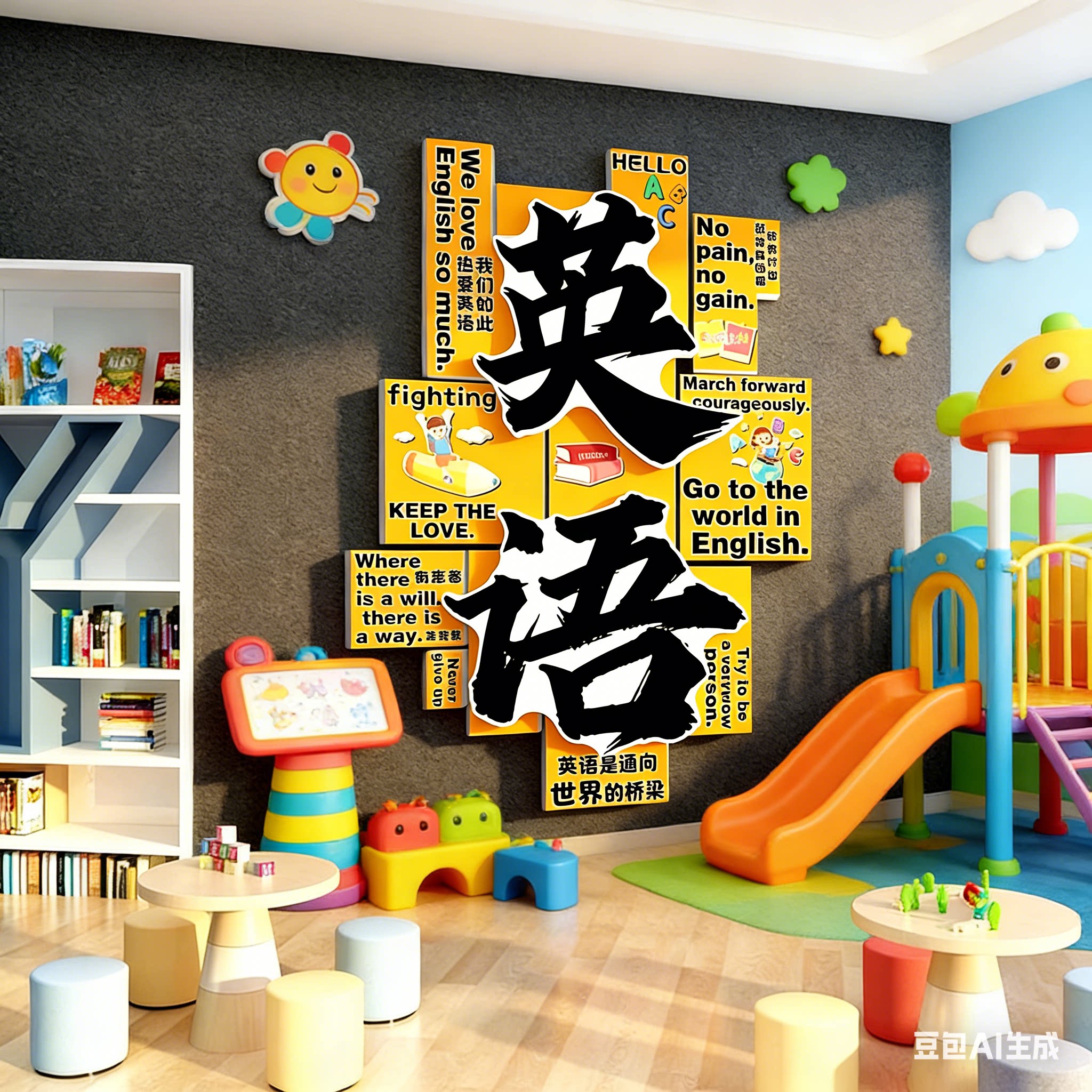 少儿英语角教室师布置装饰机构环创墙面班级文化主题培训绘本馆画图片