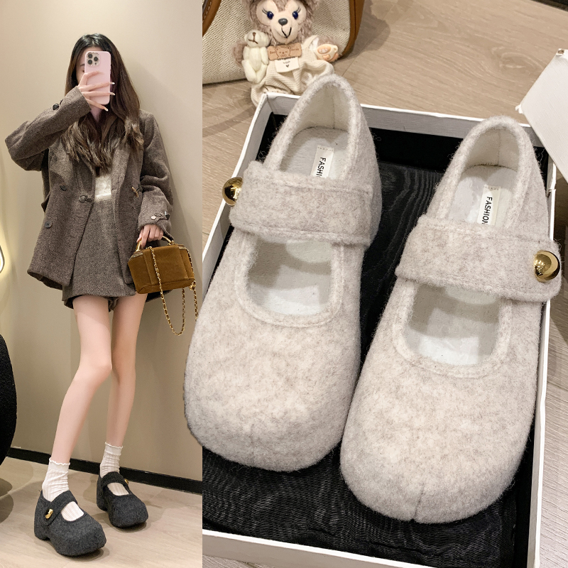 冬加绒棉鞋小蛮腰松糕厚底玛丽珍鞋高跟小个子内增高勃肯鞋米白色