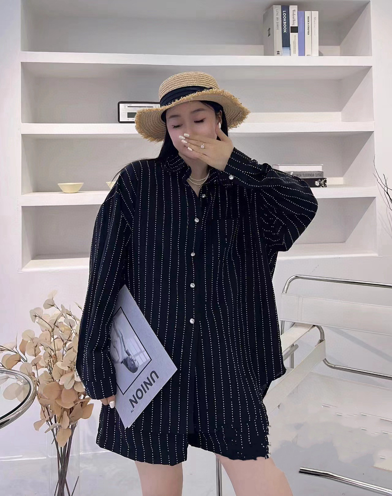 闪闪亮片休闲套装女2026夏季薄款百搭防晒衬衫休闲阔腿短裤两件套图片