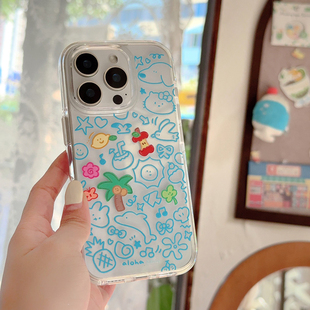 15promax个性 蓝色涂鸦夏日kitty适用于iphone16pro手机壳苹果16保护套14防摔13全包新款 max手机套高级感外壳
