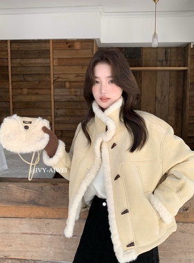 艾薇-韩系休闲撞色可立领仿皮毛一体短外套(配包包)83152