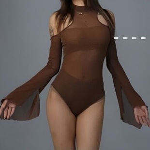 黑暗荣耀连体衣超长袖细闪露肩黑丝上衣heels显腿长舞蹈穿