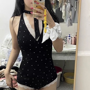 【新色】波点连体衣choker纯欲蕾丝 四面弹瑜伽面料美背heels