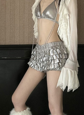 Common in 0120银光闪耀 银色红色格子辣妹层叠蛋糕裙半身裙裤女