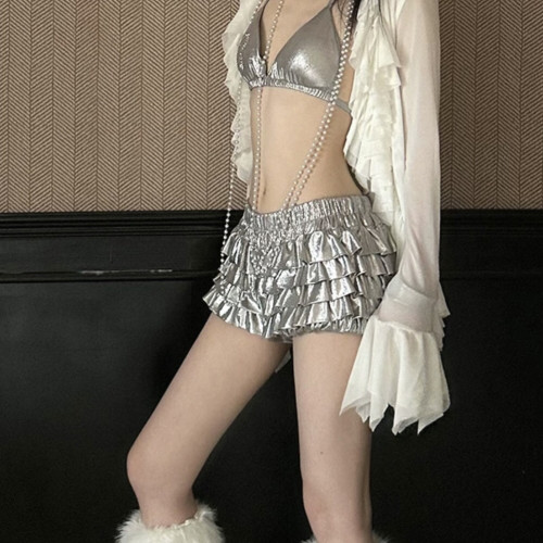 Common in 0120银光闪耀 银色红色格子辣妹层叠蛋糕裙半身裙裤女