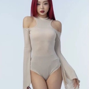 黑暗荣耀连体衣超长袖细闪露肩黑丝上衣heels显腿长舞蹈穿