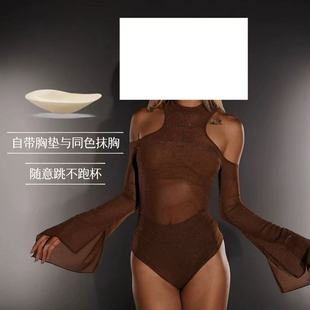 黑暗荣耀连体衣超长袖细闪露肩黑丝上衣heels显腿长舞蹈穿