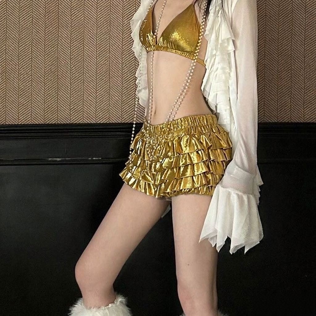 Common in 0120银光闪耀 银色红色格子辣妹层叠蛋糕裙半身裙裤女