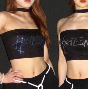 HXIEN烫钻闪钻抹胸美式复古挂脖背心爆闪吊带