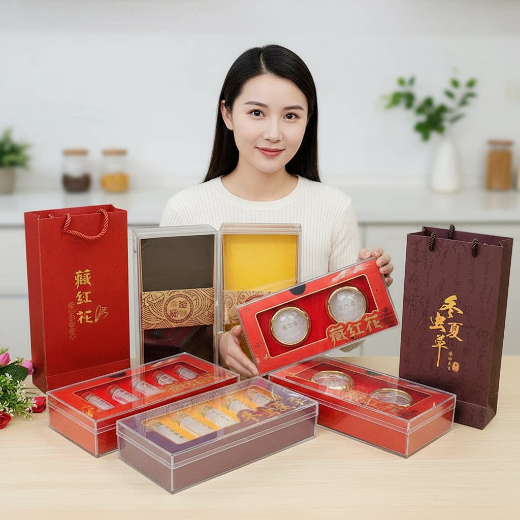 高档亚克力藏红花礼品盒套装冬虫夏草海参名贵礼品盒套装配手提袋