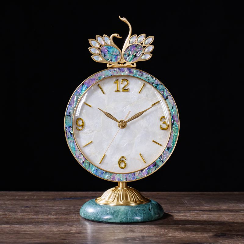 轻奢装饰黄铜座钟欧式桌面时钟摆件家用贝壳台式钟表复古创意台钟