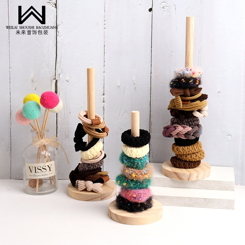 首饰展示道具原木立体圆形底座头绳发饰皮筋收纳架子可拆木架子