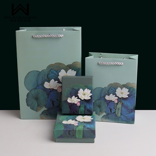 水墨风荷花盒首饰包装礼品盒吊坠手镯收纳纸盒子天地盖多用logo