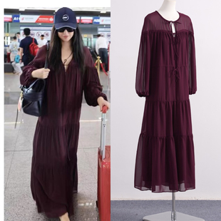 朱珠同款 宽松雪纺连衣裙女 度假风超仙暗紫苑红宽松微胖大码