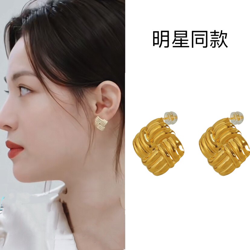 遥远的距离钟楚曦同款感时尚小众个性麻花耳扣不锈钢方形纹理耳钉