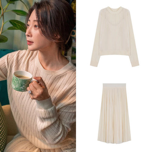 凡人歌同款柔软少女 穿搭套组 / 圆领百搭坑条毛衣+压褶半身长裙