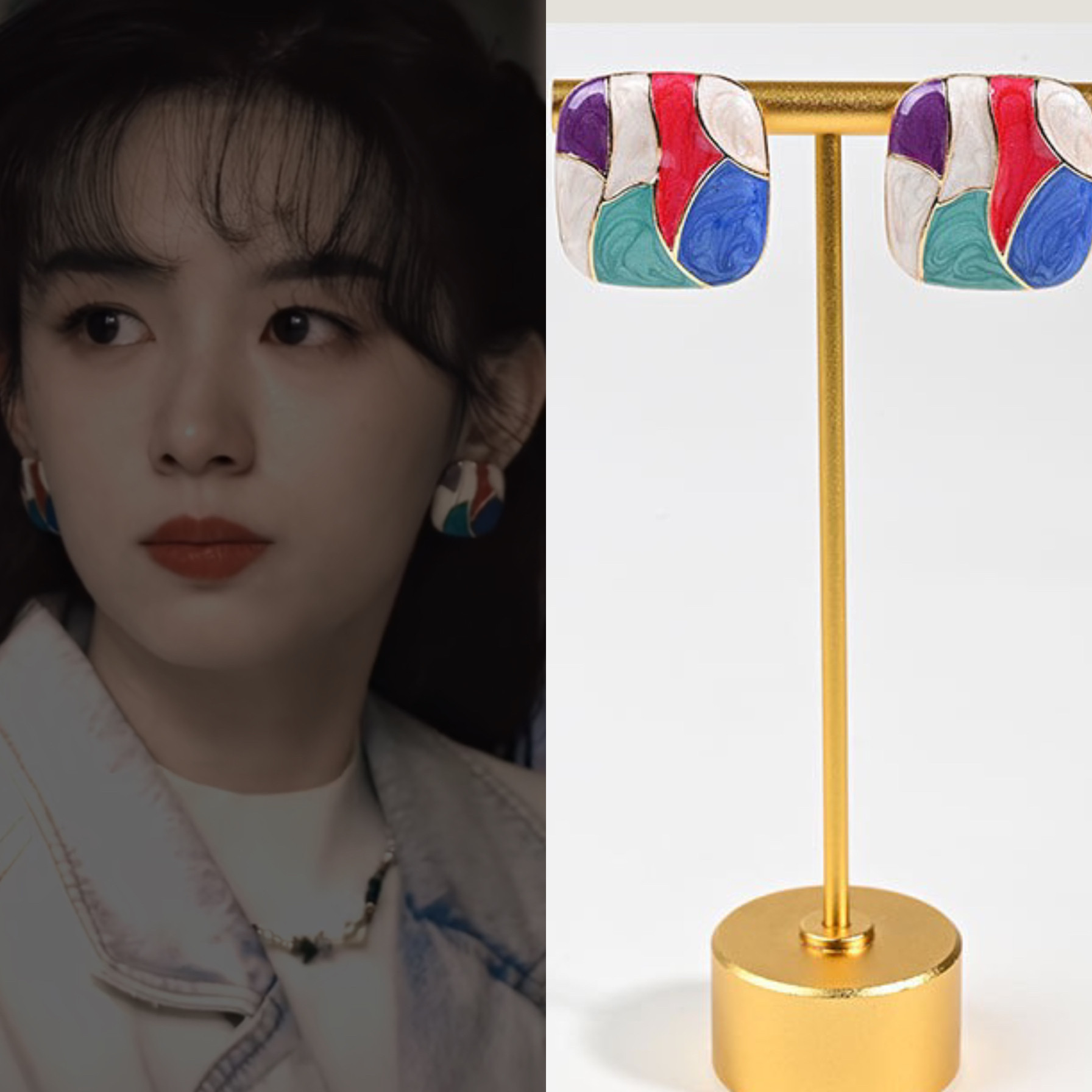 你好1983周也同款糖果撞色彩釉耳钉小众设计方形耳环白搭简约