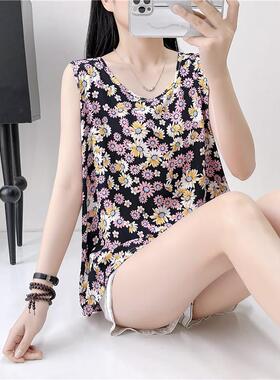 棉绸背心女妈妈衫夏季薄宽松碎花t恤衫大码中老年人造棉无袖上衣