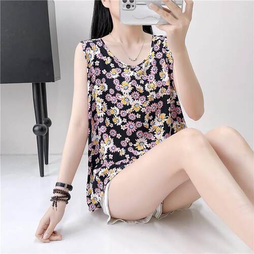 棉绸背心女妈妈衫夏季薄宽松碎花t恤衫大码中老年人造棉无袖上衣