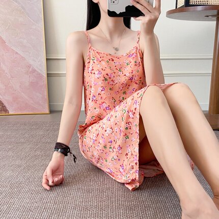 波西米亚风碎花绵绸吊带连衣裙女夏无袖人造棉中长款显瘦大码裙子