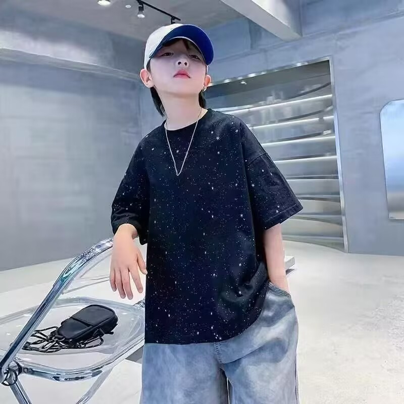 满天星男童纯棉短袖T恤儿童新款黑色烫钻宽松上衣中大童夏季童装图片