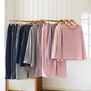 夏季 纯棉双层纱布睡圆领套头全棉绉布家居服纯色简约情侣泡泡婴儿