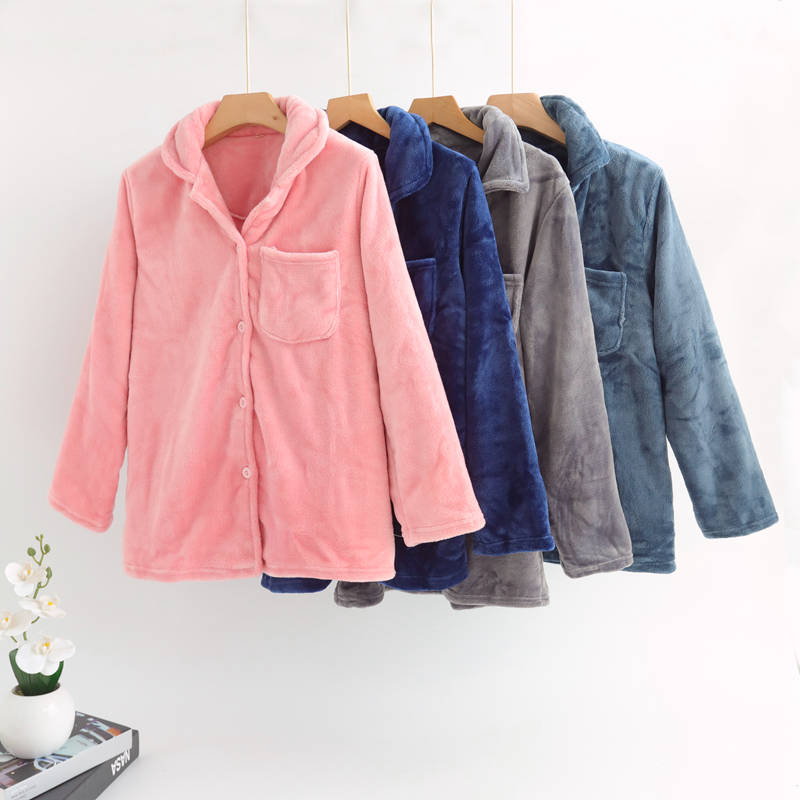 情侣秋冬法兰绒上衣单件长袖翻领开衫纯色加绒加厚男女珊瑚绒外套