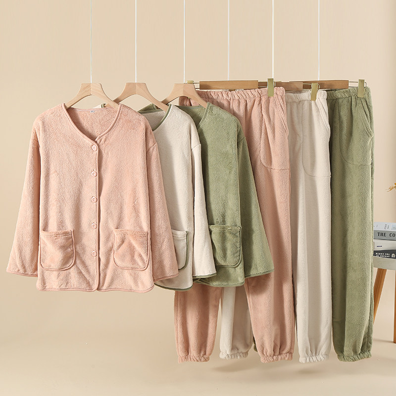 冬季小香风纯色法兰绒睡衣女束口珊瑚绒家居服开衫简约日系加绒厚