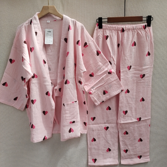 春夏薄款纯棉双层纱布睡衣女日式和服家居服开衫系带哺乳喂奶