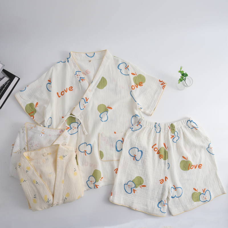 夏季纯棉纱布睡衣女短袖短裤日式和服开衫系带大码加肥卡通泡泡棉