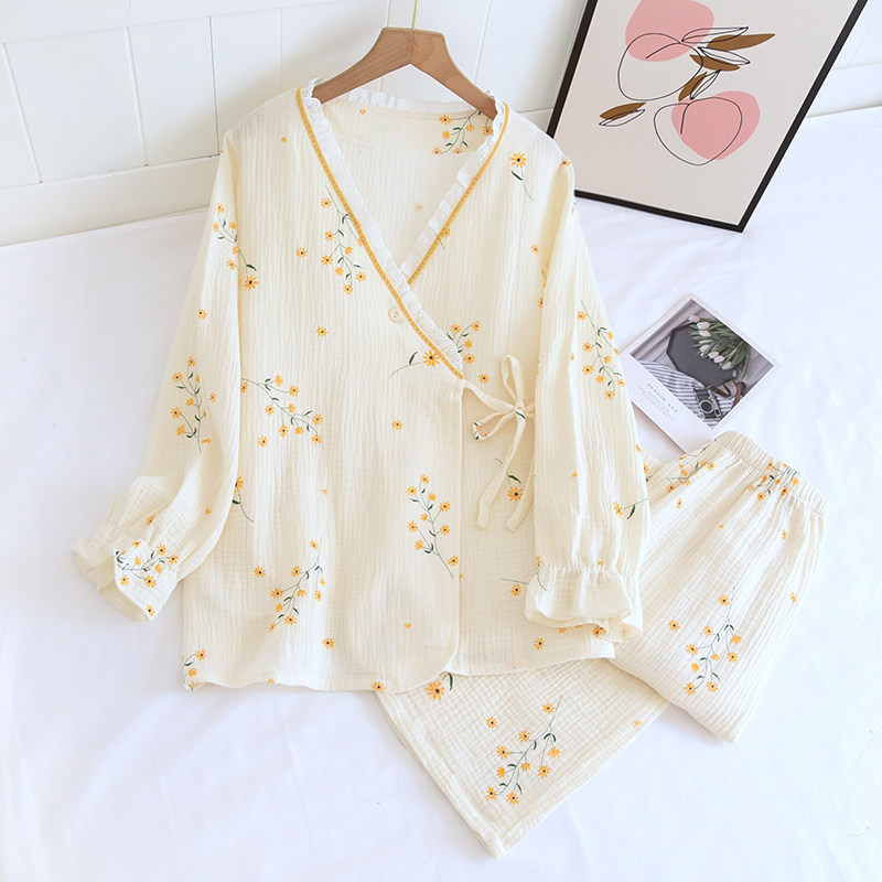 春夏薄款绉布和服睡衣女七分袖长款全棉双层纱布家居服开衫和风