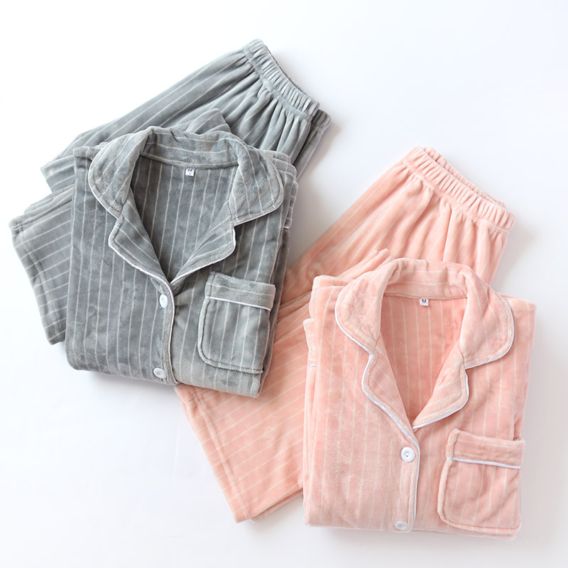 秋冬情侣海岛绒睡衣女加绒长袖长裤家居服男天鹅绒双面薄绒弹力肥