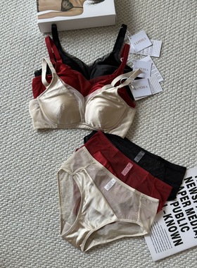 高端货！LP缎面真丝拼接文胸套装女无钢圈聚拢19姆米内衣套装红色